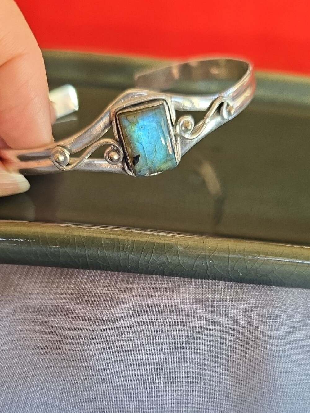 Boho Artisan Sterling Silver 925 Labradorite Cuff Bracelet - Picture 14 of 16